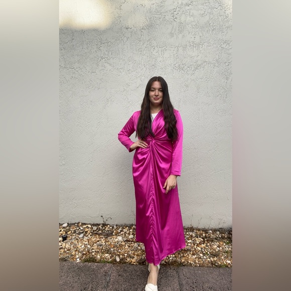 Hot Pink Satin Knot-Front Maxi Dress – Long Sleeve, Draped Silhouette - Picture 5 of 8